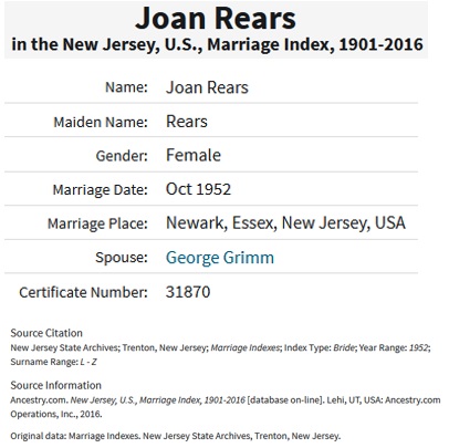 Joan Rears and George Grimm Marriage