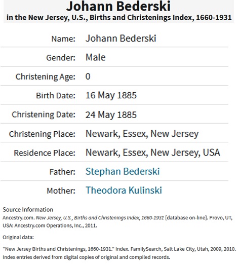 Johann (John) Bederski Birth Index