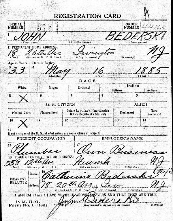 Johann (John) Bederski WW1 Draft Registration