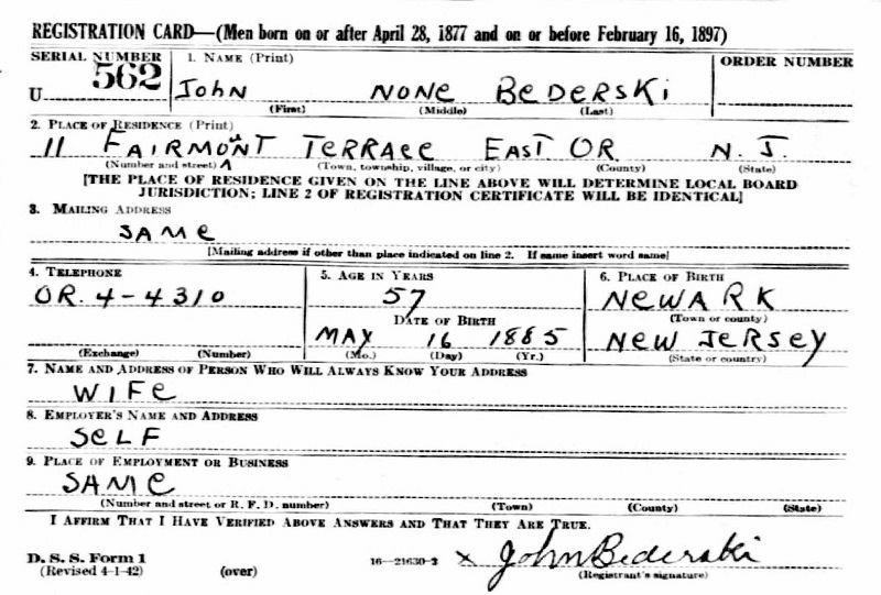 Johann (John) Bederski WW2 Draft Registration