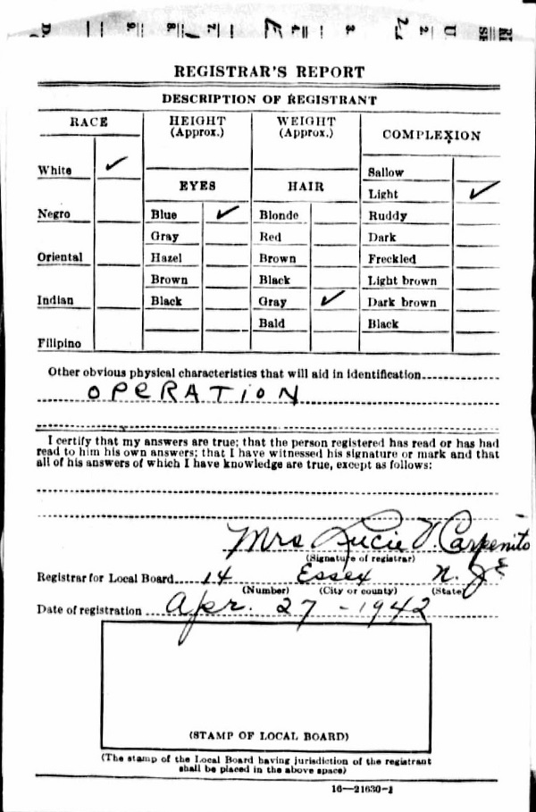 Johann (John) Bederski WW2 Draft Registration