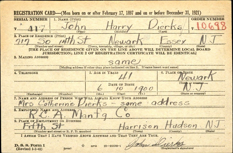 John H. Dierks's WW2 Draft Registration Card Part 1