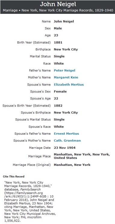 John Neigel and Elizabeth Mertin Marriage Record