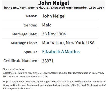 John Neigel and Elizabeth Mertin Marriage Record