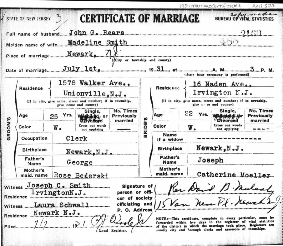 John Rears and Madeline Smith Marriage Certificate