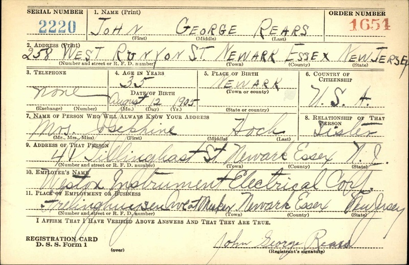 John G. Rears's WW2 Draft Registration Card Part 1