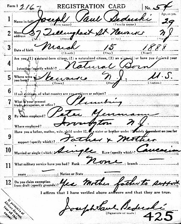 Joseph Paul Bederski WW1 Draft Registration