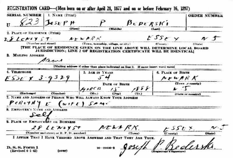 Joseph Paul Bederski WW2 Draft Registration