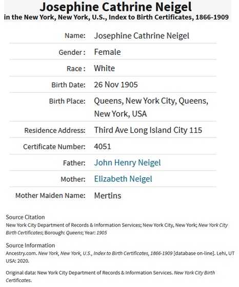 Josephine Neigel Birth Index