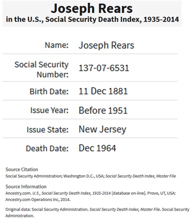 Joseph Oliver Reuss (Rears) SSDI