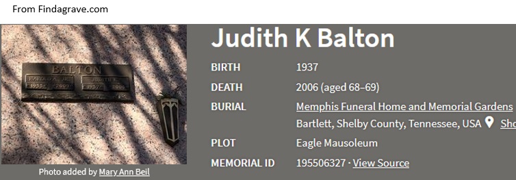 Judith Ann Kastner Balton Death Record