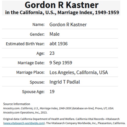 Gordon R. Kastner and Ingrid T. Padial Marriage