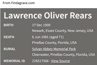 Lawrence Oliver Rears Cemetery Record