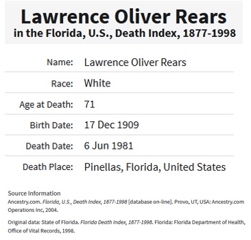 Lawrence Oliver Rears Death Index