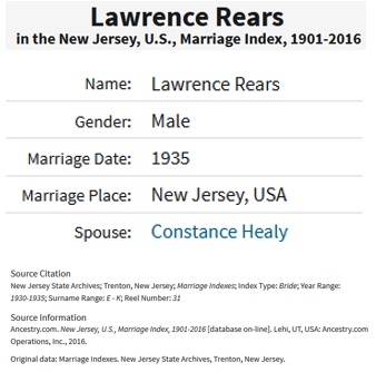 Lawrence Oliver Rears and Constance Winifred Healy Marriage