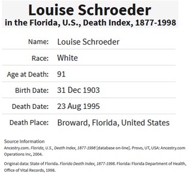 Louise Mertin Schroeder Death Index