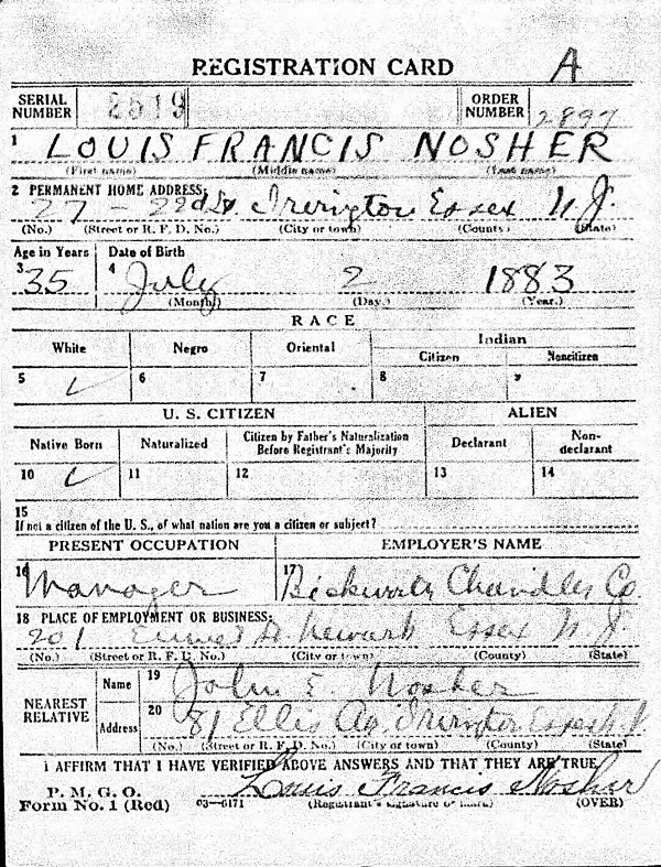 Louis Francis Nosher WW1 Draft Registration