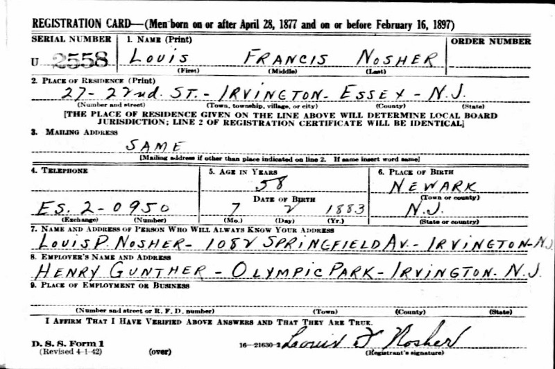 Louis Francis Nosher WW2 Draft Registration