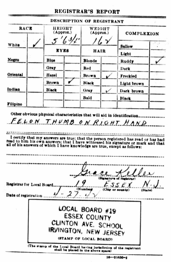 Louis Francis Nosher WW2 Draft Registration