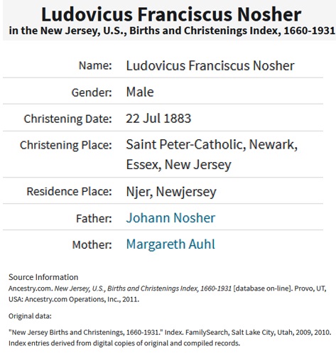 Louis Francis Nosher Birth Index