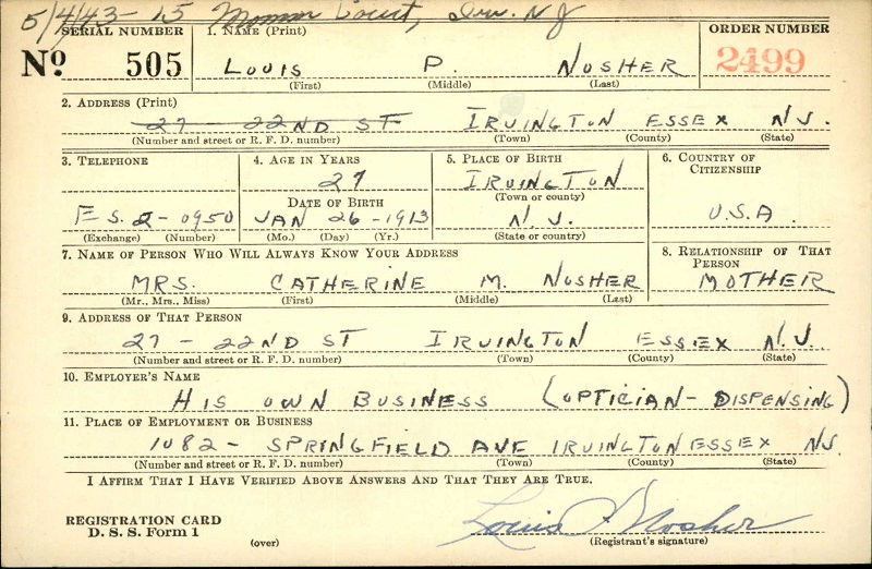 Louis Peter Nosher World War II Draft Registration