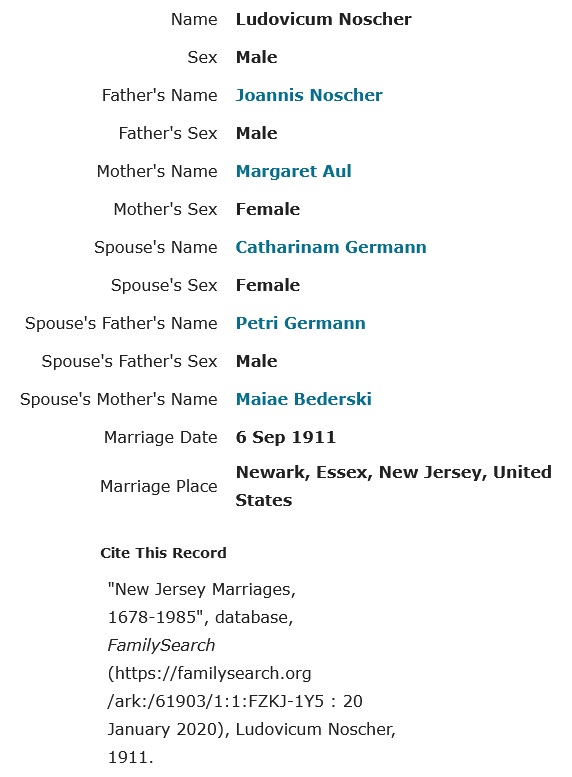 Catherine Germann and Louis Nosher Marriage Record