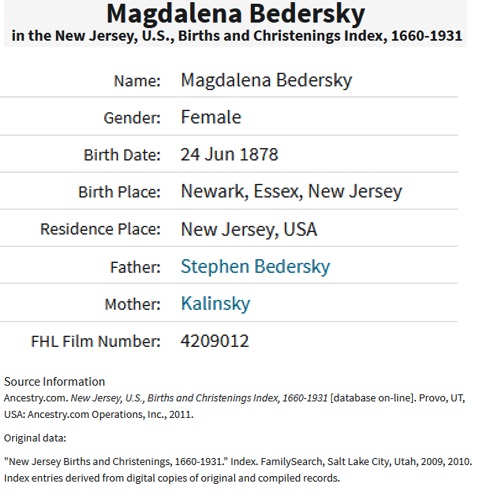 Magdalena Bederski Birth Record