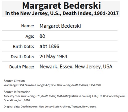 Margaret Dunn Bederski Death Index