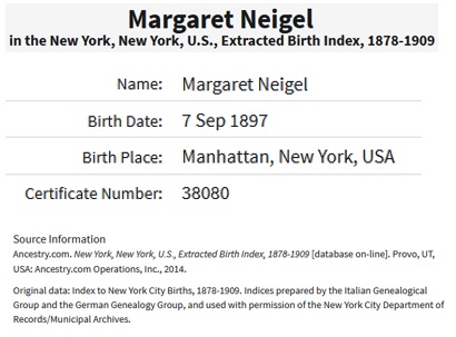 Margaret Neigel Birth Index