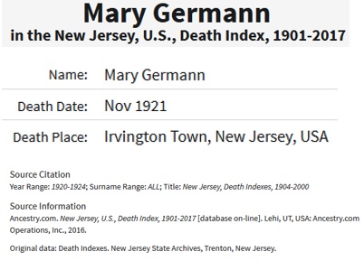 Maria (Mary) Bederski Germann Death Index