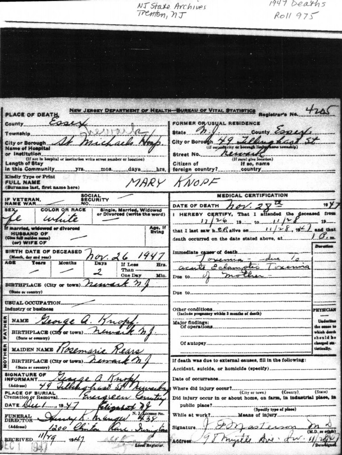 Mary Knopf Death Certificate