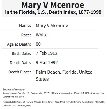 Mary Neigel McEnroe Death Index