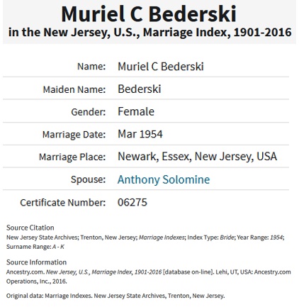 Muriel Bederski and Anthony Solomine Marriage Record