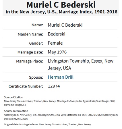 Muriel Bederski and Frank Drill Marriage Record