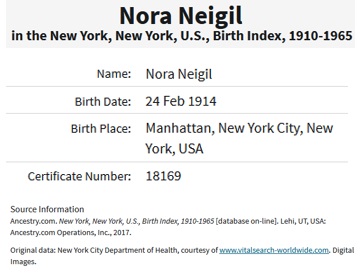 Nora Neigel Birth Index