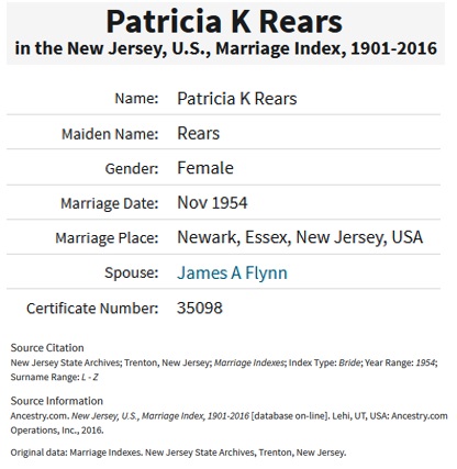 Patricia Rears and James Flynn Marriage