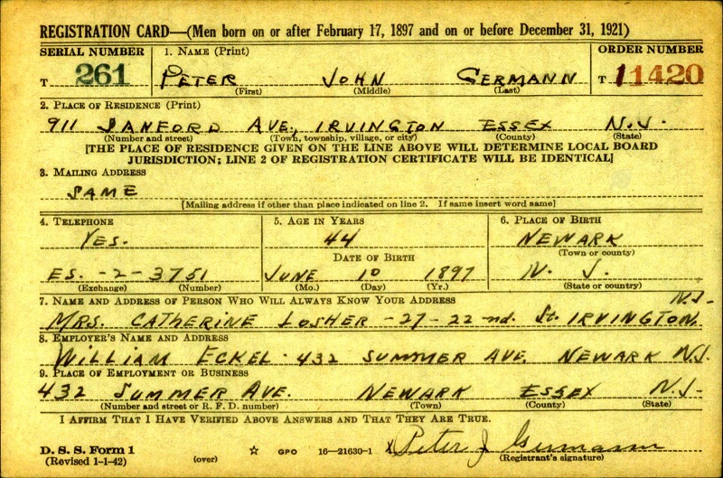 Peter Johann Germann Jr. WW2 Draft Registration