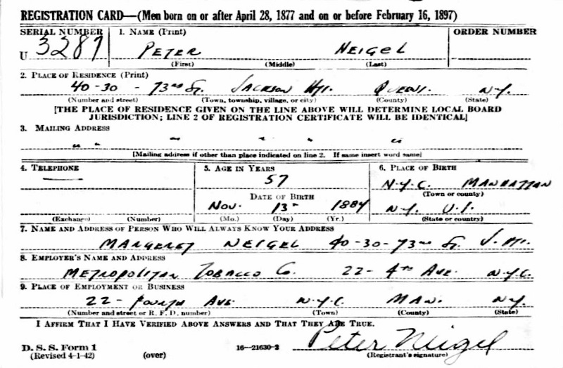 Peter Stephen Neigel WW2 Draft Registration