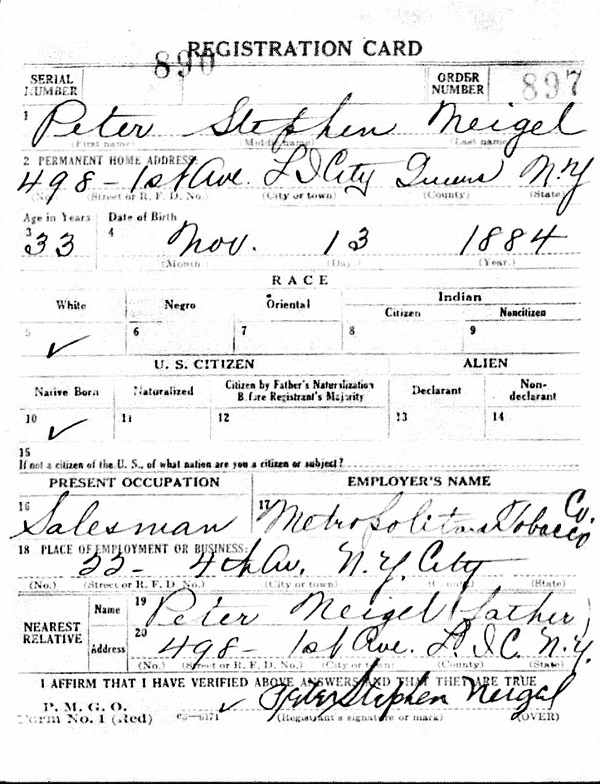 Peter Stephen Neigel WW1 Draft Registration