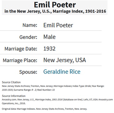 Emil Poeter and Geraldine Rice Marriage Index