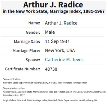 Arthur Radice and Catherine Tewes Marriage Record