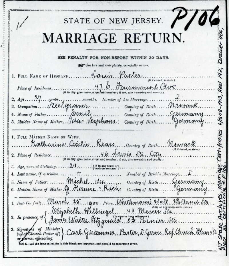 Katherine Reuss and Louis Poeter Marriage Certificate