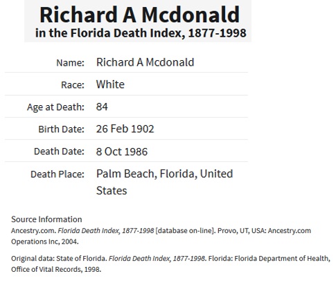 Richard A. McDonald Death Index