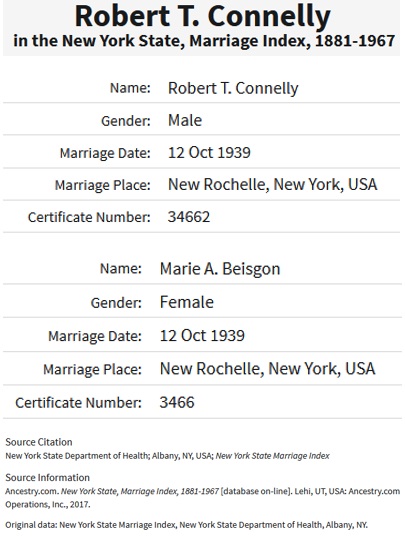 Robert Connelly and Marie Beisgen Marriage Record