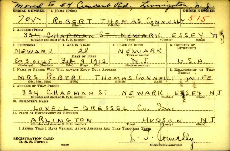 Robert Connelly WW2 Draft Registration