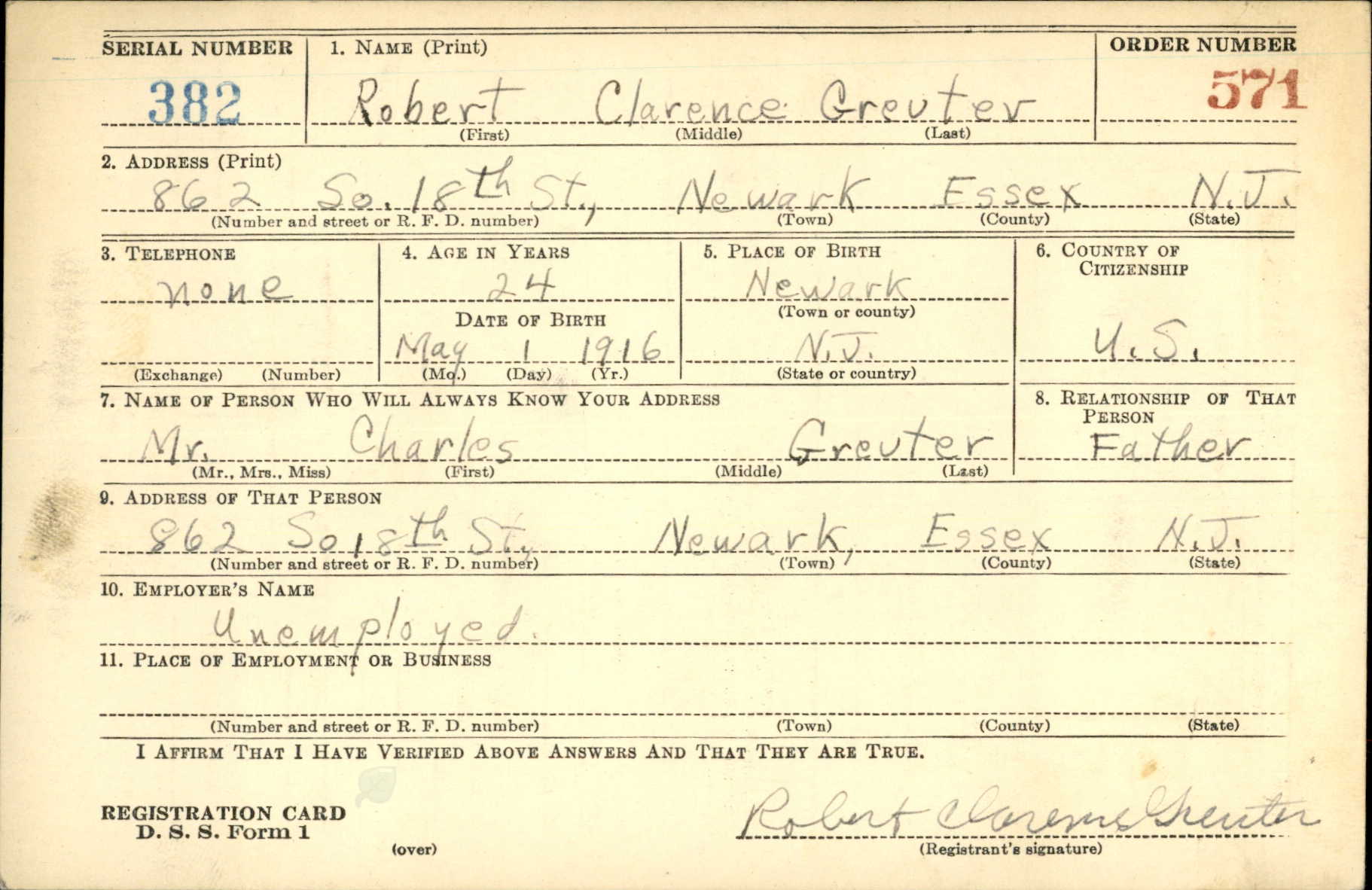 Robert C. Greuter World War II Draft Registration