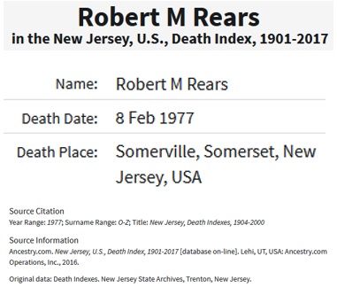 Robert M. Rears Death Index