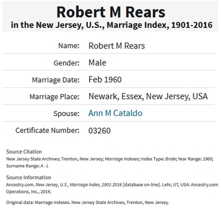 Robert M. Rears and Ann M. Cataldo Marriage Record