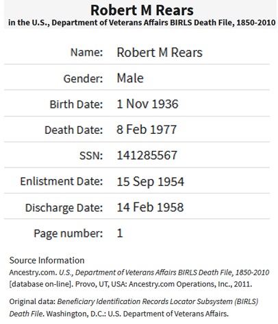 Robert M. Rears Military Service Record