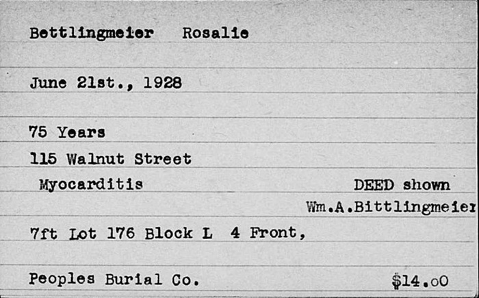 The Woodland Cemetery Index Card of Rosalie Bittlingmeier